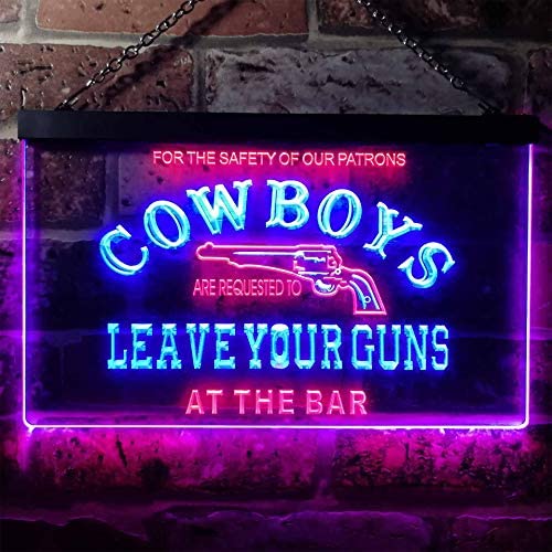 Cowboys Leave Guns Bar Dual LED Neon Light Sign